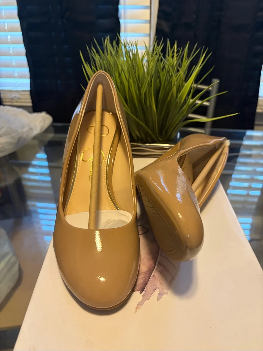 Jessica Simpson Tan Patent Wedge Pumps